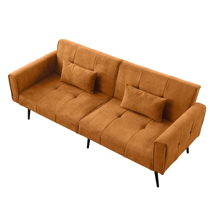 Canapé convertible 3 places en tissu orange futon pliable avec accoudoirs et pieds métal