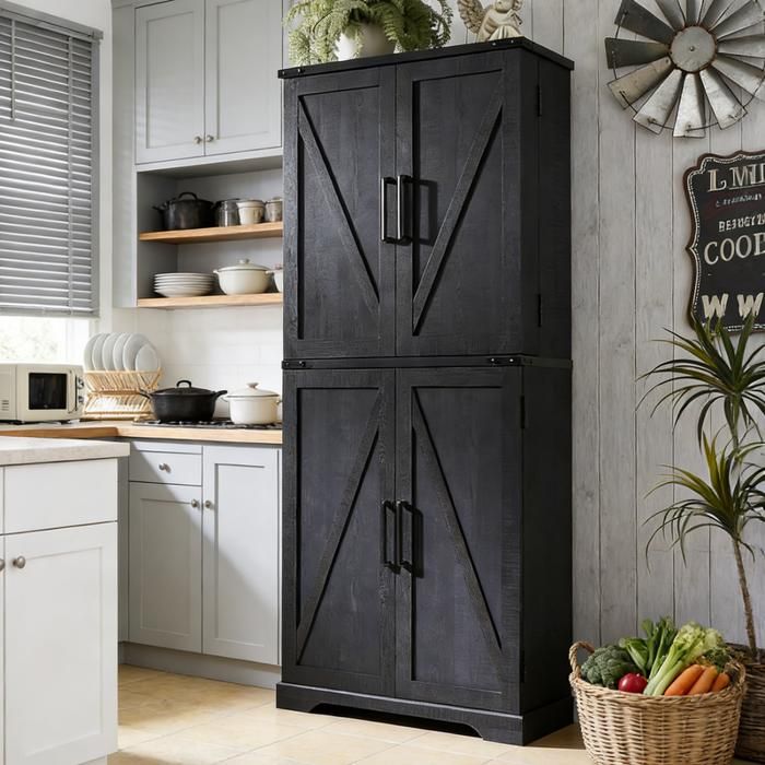 Armoire de cuisine colonne 183 cm style campagnard，portes coulissantes grange，1 tiroir et étagères réglables Noir
