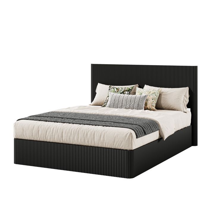 Lit double 160x200 cm en MDF et métal coloris noir coffre relevable avec tête de lit intégrée dimensions 210x177x113.5 cm Lit double 160x200 cm en MDF et métal coloris noir coffre relevable avec tête de lit intégrée dimensions 210x177x113.5 cm