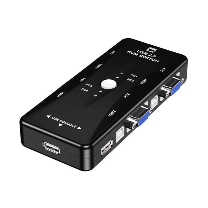 KVM Switch 4 Ports USB/VGA - Pour Contrôler 4 PC Avec Un Clavier, Souris Et écran - Télécommande Et Câbles Inclus - Compatible Windows, Mac, Linux