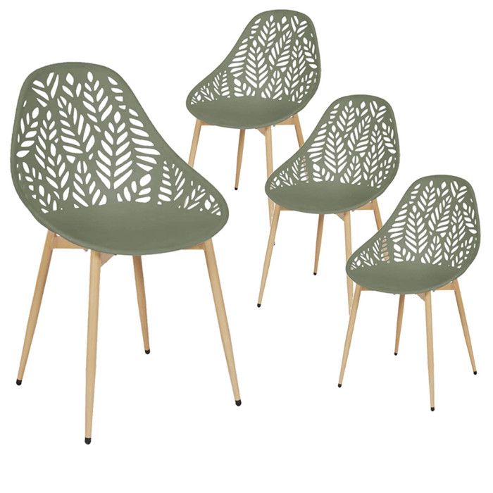 SAYA - Lot de 4 Chaises de Jardin Coque Plastique Ajourée Vert Olive Pieds Métal SAYA - Lot de 4 Chaises de Jardin Coque Plastique Ajourée Vert Olive Pieds Métal
