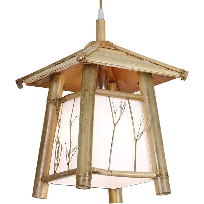 Lustre Suspension Bambou Style Bohème - Abat-jour Tissé Main 20x20cm - Longueur Câble 100cm - Pour Salon Ou Cuisine