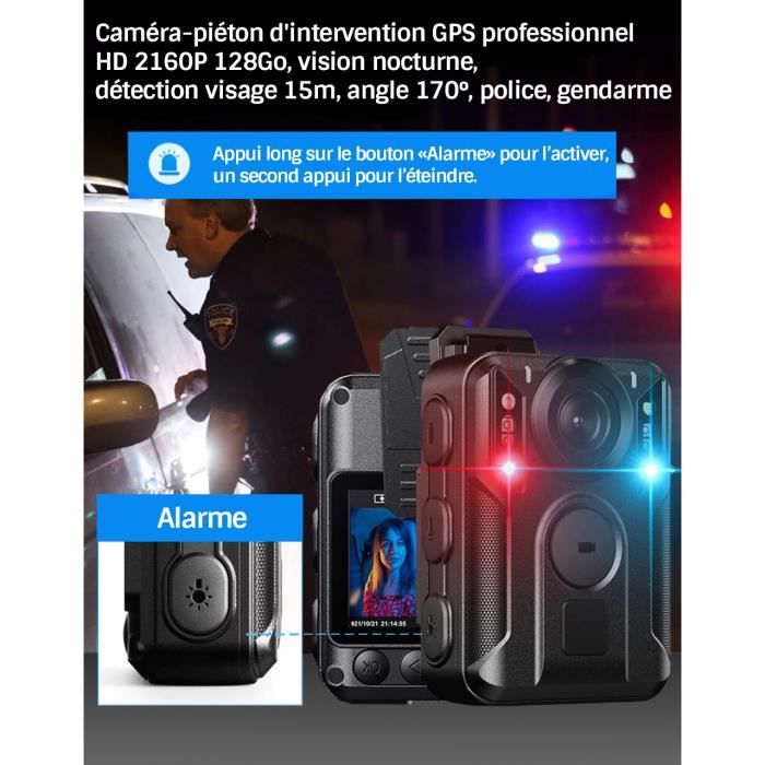 Caméra-piéton d'intervention GPS professionnel HD 2160P 128Go, vision nocturne, détection visage 15m, angle 170°, police, gendarme