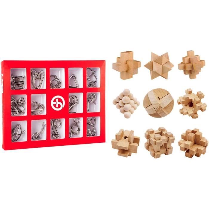 24 Pièces Cassetête en Métal et Bois Brain Teaser Puzzle 3D IQ Puzzle