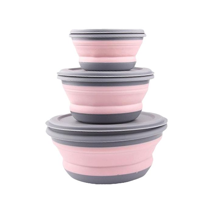 6 pièces bol ensembles boîte à déjeuner bol pliant Portable Silicone bol pliable saladier avec couvercle， 3 pièces rose & 3 pièc