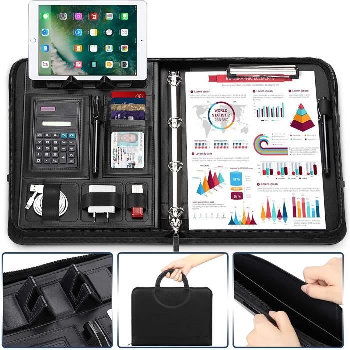 Porte-documents A4 En Cuir PU - Portfolio Avec Anneaux, Zippé, Avec Accessoires - Pour Bureau, Réunion, école