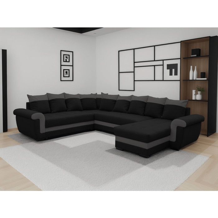 Bestmobilier Canap&eacute; panoramique 7 places HENRY - Angle r&eacute;versible - Simili/Tissu Noir / Gris