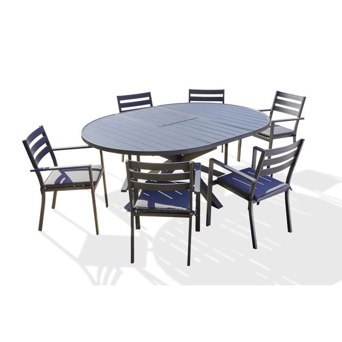 Ensemble repas 6 places en aluminium avec rallonge papillon (fauteuils PELOSA) - Gris anthracite - PELOSA
