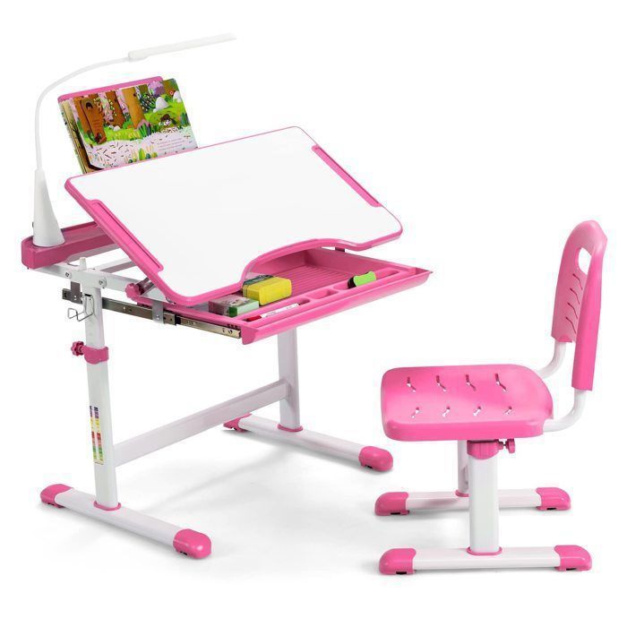 Bureau Enfant avec Chaise - DREAMADE - Lampe LED - Hauteur et Angle Réglables - Support de Lecture - pour Enfant 4 ans+ - Rose