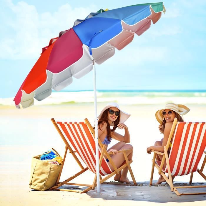 GOPLUS Parasol de Plage D222xH185CM Tête Inclinable avec Auvent/Sac/Bord Rabattu16 Baleines en Fibre VerrePointe en VrilleColoré
