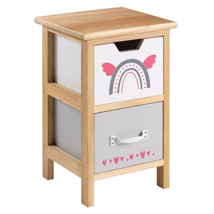Table de chevet enfant ESTA petite commode en bois de paulownia naturel 2 tiroirs gris et blanc aux motifs arc-en-ciel
