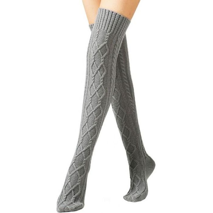 chaussette haute femme,Chaussettes hautes pour femmes mode fil de soie  argenté gris clair chaussettes longues chaudes chaussettes de genou bas  costume