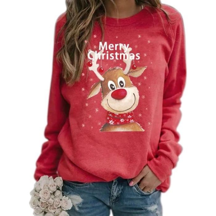 Pull de Noel Femme Moche Rennes Impression Col Rond Manches