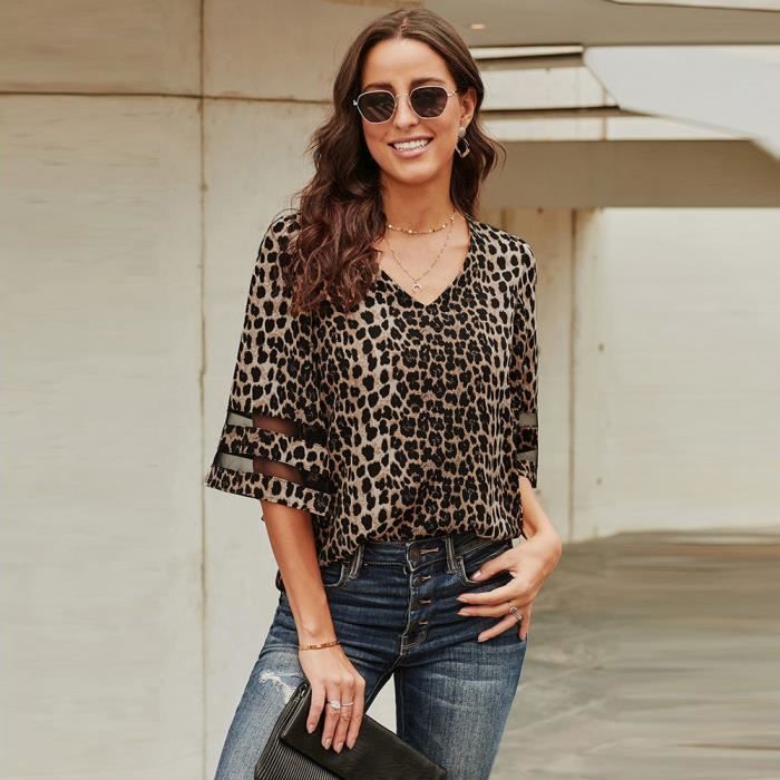 Blouse Femme Haut Élégant Tunique Chic Top Fluide Chemise Mode Marron