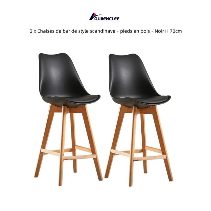chaises de bar scandinaves quiienclee - coque en pp + coussin en cuir + pieds en bois - noir h 70cm