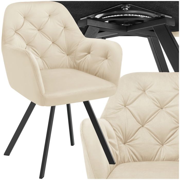 Chaise - TECTAKE - Fauteuil LUCIA pivotant en velours matelassé avec accoudoirs pieds en acier fins 58 x 58 x 87 cm - Crème
