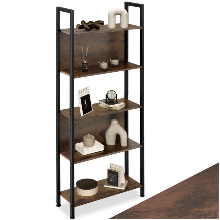 Bibliothèque - TECTAKE - Étagère WESTPORT sur 5 niveaux avec 2 parois arrières en bois et acier 62 x 24 x 1655 cm - Bois foncé