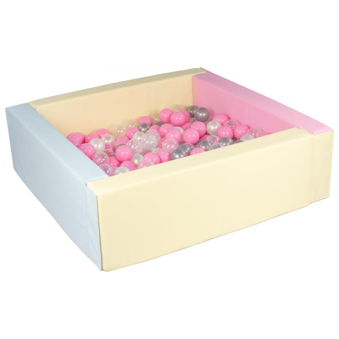 Piscine à balles carrée Velinda - 200 balles - bords 3 couleurs/perle, transparent, rose clair ...