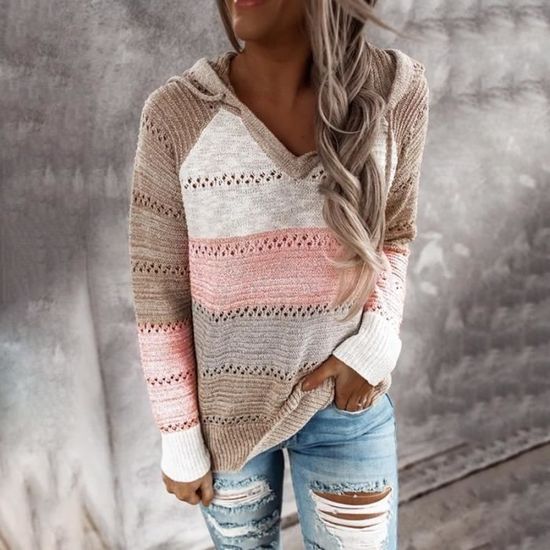 PULL Mode raye chandails femmes 2020 automne hiver vetements a capuche pulls contraste couleur a manches longues col Type green Blanc Cdiscount Pret a Porter