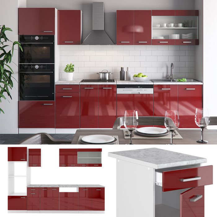 Cuisine Vicco R-Line 300 Cm – Ensemble Cuisine Intégrée – Bordeaux Brillant – Neuve
