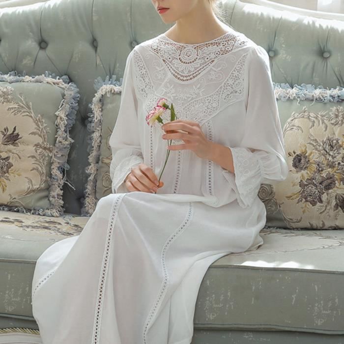 Femme Pyjama Manche longue Dentelle Chemise de nuit Vintage Longue Pyjama Vetements de nuit de detente Nuisette BlancLong
