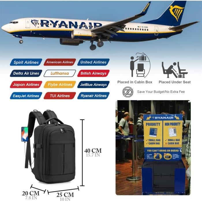 avion cabine voyage sac à dos 40x20x25 valise cabine ordinateur portable sac  à dos