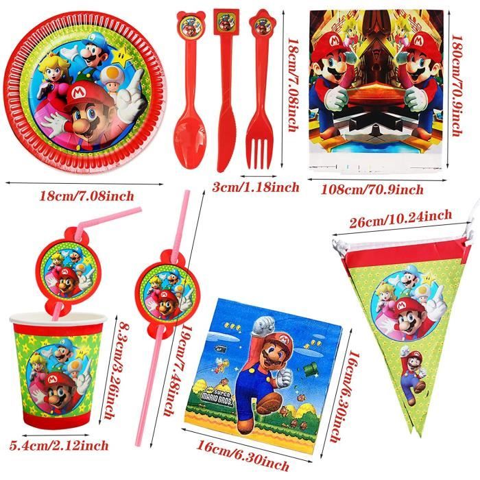 Lot de 128 accessoires de fête d'anniversaire Super Mario Brothers -  Assiettes, tasses, serviettes, nappes, bannières, etc. Décorations  d'anniversaire