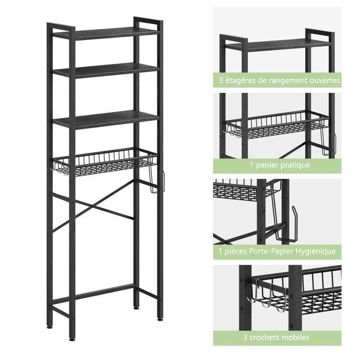 Étagère De Rangement Pour WC - 3 Niveaux, Réglable, Sans Perçage - Noir/Blanc - 157x55x26cm