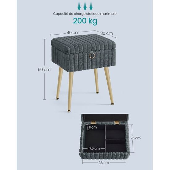 SONGMICS Tabouret De Rangement, Siège Rond, Tabouret De Coiffeuse, Pouf, Repose-Pieds, Volume De 9,4L, Pieds En Métal, Siège Rembourré, Gris Foncé LOM002G01