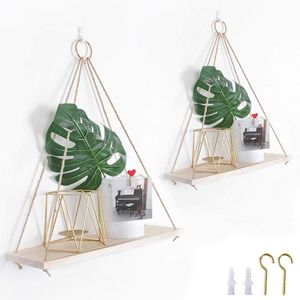 Lot de 2 étagères rustiques en bois vieilli à suspendre avec corde et crochets