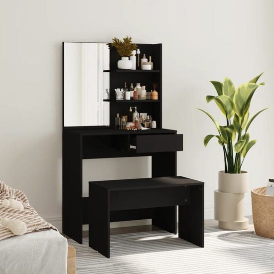 Coiffeuse Noire Avec Miroir - Meuble Salle De Bain 74,5x40x141 Cm, Neuve