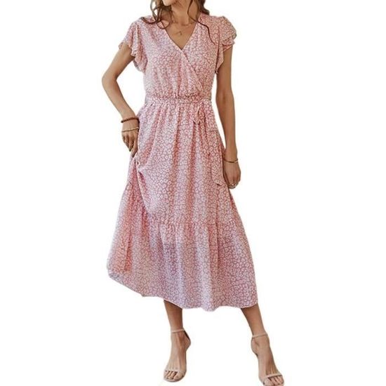 Robe Été Florale Mi-Longue avec Ceinture Élastique