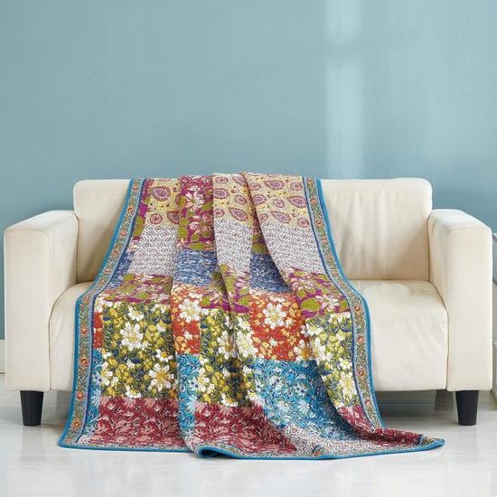 Dessus De Lit Matelassé Patchwork En Coton King Size 250x270 Cm - Avec 2 Taies D'oreiller Assorties - Couvre-lit élégant Et Pratique - Bleu
