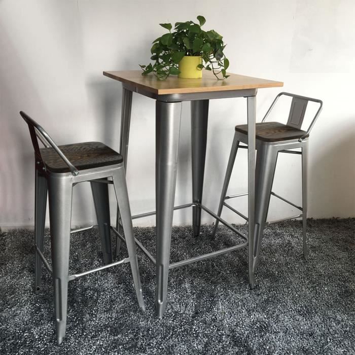 4 Tabouret de Bar Design Industriel Tabouret Haut Dossier amovible Bistrot Bois et Métal Vintage, Max.150kg