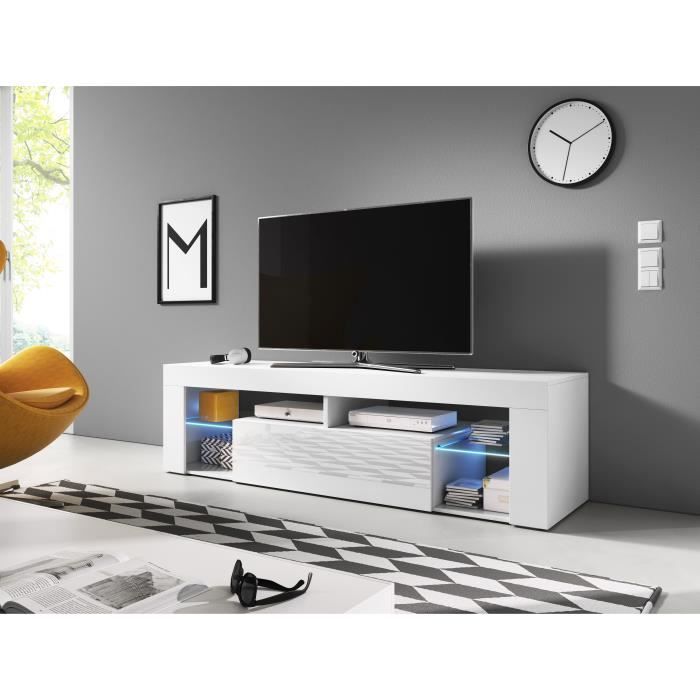 Furnix meuble tv/ banc tv Hugon 140 cm blanc mat/ blanc brillant avec LED
