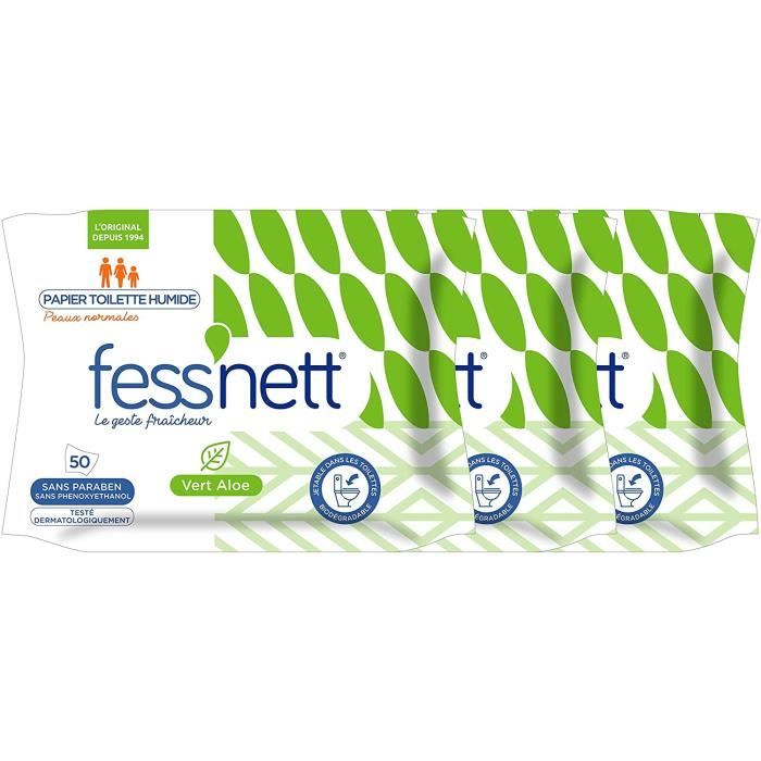 Fess’nett Papier Toilette Humide Pocket Vert Aloe x50 - Formule Testée Dermatologiquement 0% Parabène 0% Phenoxyethanol - Pour Pea
