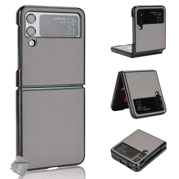 Coque rigide simili cuir avant et arrière pour Samsung Galaxy Z Flip 4 5G - GRIS