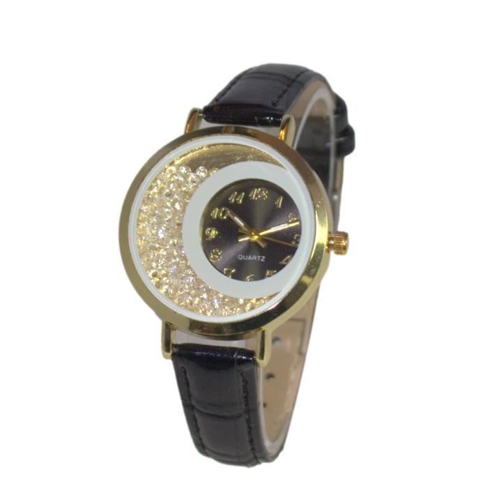 coffret montre femme doré cuir noir strass + bracelet double tour stardust dolce vita