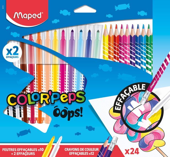 Maped - Coloriage OOPS qui s'efface - 12 Crayons de couleur avec Gomme + 10 Feutres de Coloriage Effaçables + 2 Feutres Effaceurs