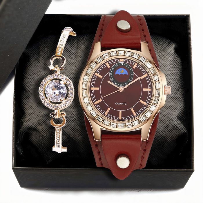 SHARPHY Coffret montre femme + bracelets - design spécial bracelet en cuir diamants rouge affichage des phases de lune