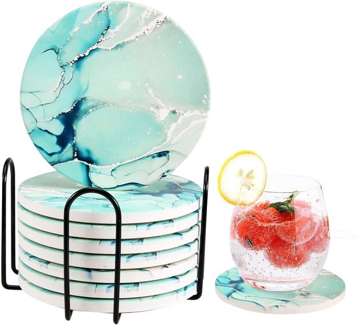 Lot 4 Dessous De Verre Céramique Forme Théière Bleue Florale - Supports Pratiques Sachets Thé