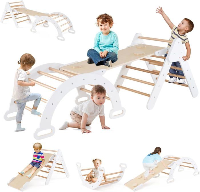 Station de Jeux en Bois - GOPLUS - 7 en 1 Triangle Arche Montessori descalade avec TobogganRampe Échelle Charge 50KG 1 Ans+