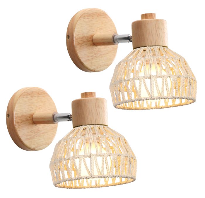 IDEGU 2pcs Applique Murale Intérieure 15CM Lampe Murale Réglable en Bois et Rotin Rétro E27 Luminaire Applique Vintage Rotin Blanc