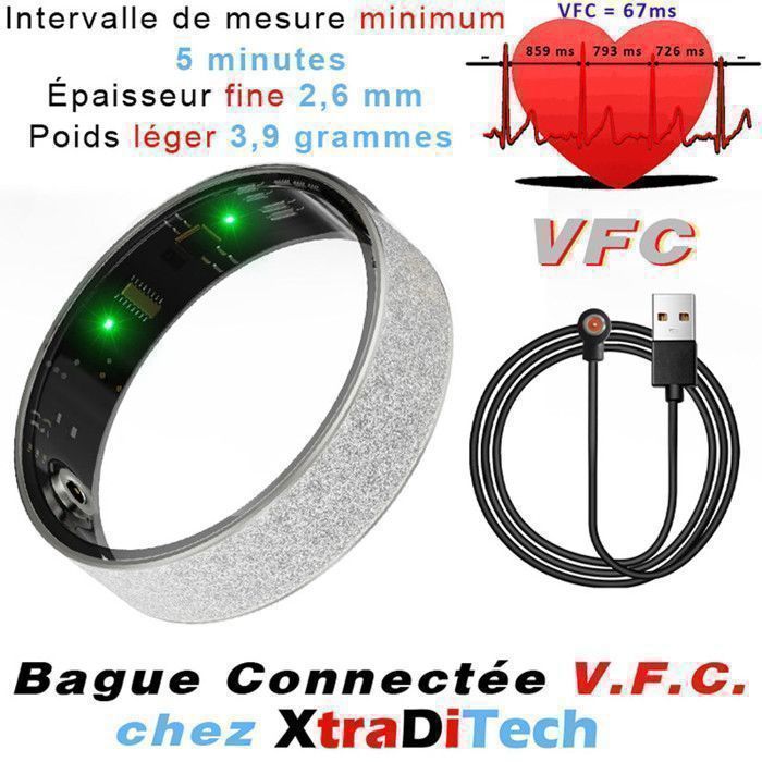 Bague Connectée - XtraDiTech - Diamantée Argentée - 26mm - Fréquence Cardiaque - SpO2 - Sommeil
