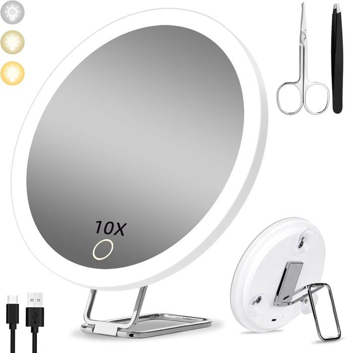 Miroir grossissant 10X avec lumière 15cm 3 Modes de Couleur Dimming Miroir 3 ventouses et support de table 360° Noir
