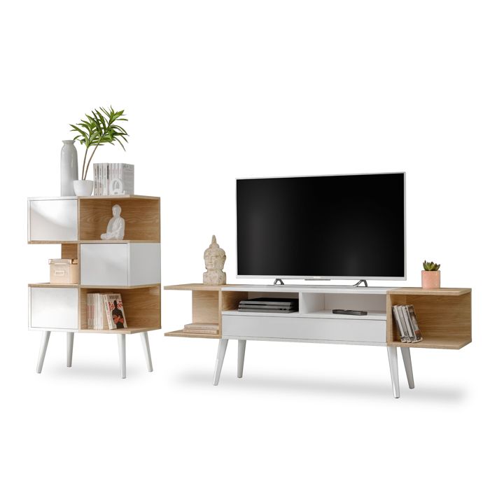 Meuble TV Banff 175 Cm – Façade Beige Lisse Et Chêne Artisan – Pieds Métal Noir – 3 Compartiments – Système Push-to-open - 13