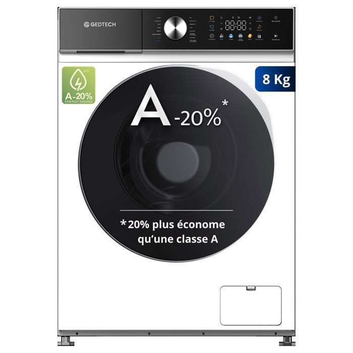 GEDTECH Lave-linge frontal GLLPS81400WH - 8 Kg - 1200 trmn - 16 programmes - Eco - Intensif -  Rapide  Faible conso - LED couleur - Gedtech