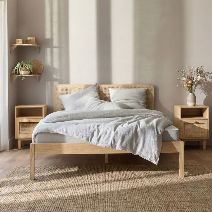 Lit adulte en pin massif tête de lit cannage ANNA 140x190 + 2 chevets cannage - Bois naturel - Terre de Nuit