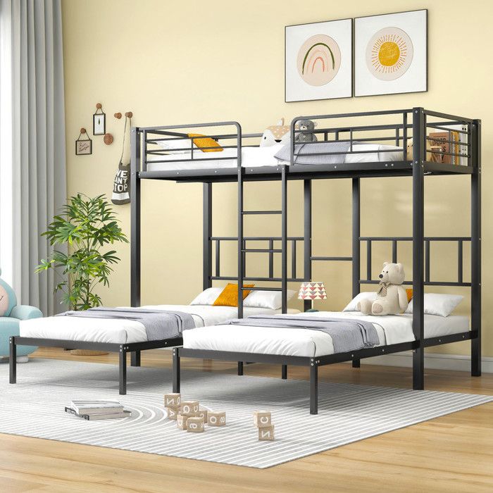 Lit triple Lit superposé 90x200 cm*3 triple avec échelle pour enfants et adolescents Lit en fer avec barrière antichute et table