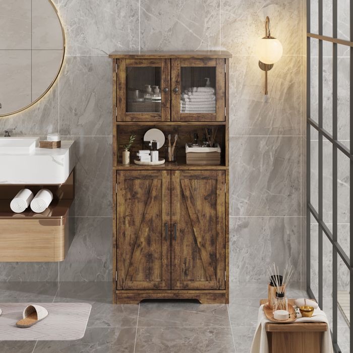 Colonne de Salle de Bain - PROMIRACAL - Armoire Haute 4 Portes - Bois Massif - 60x30x130 cm - Marron
